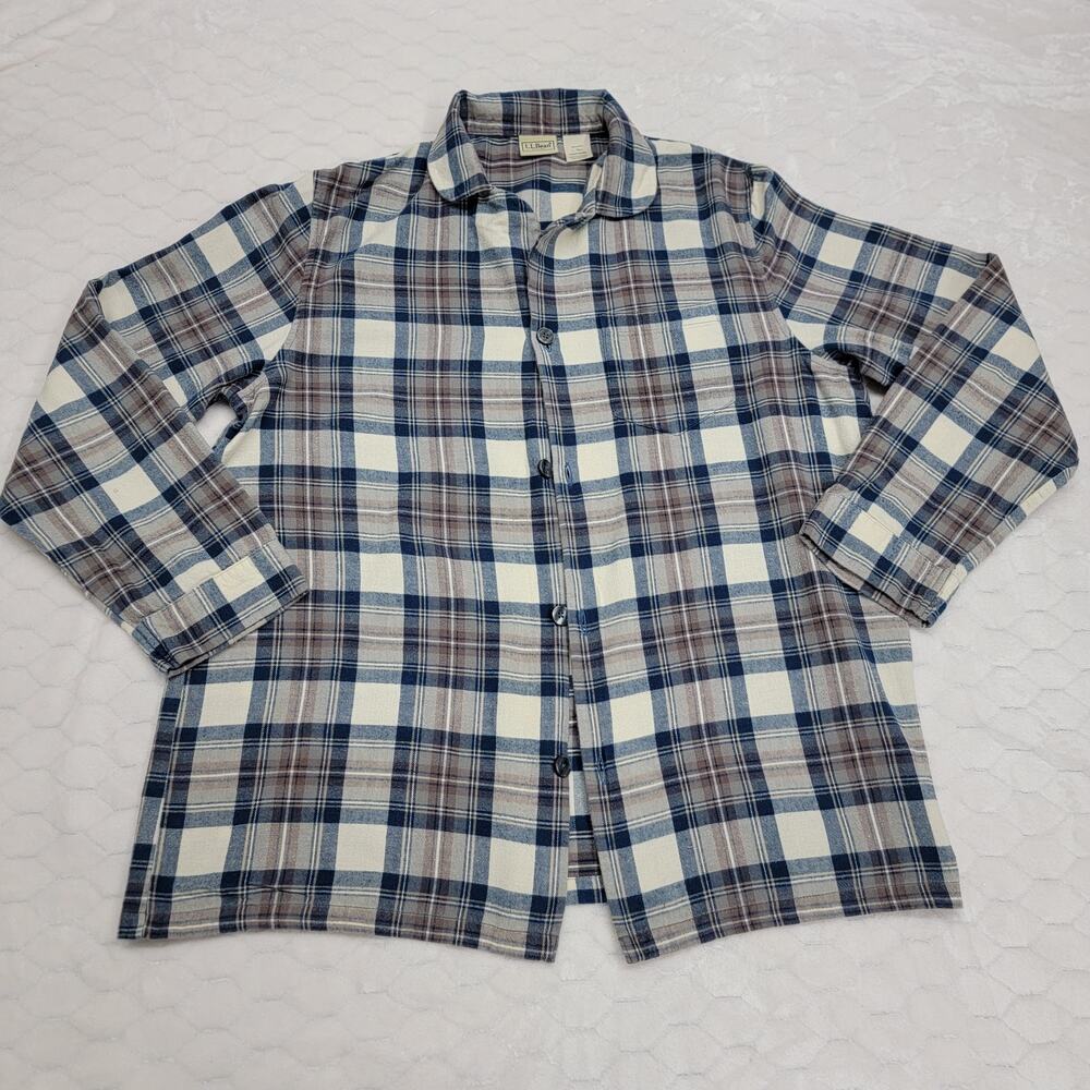 LL Bean Mens L Tall Flannel Sleep Shirt Blue Gray Plaid Cotton Nightshirt Lounge